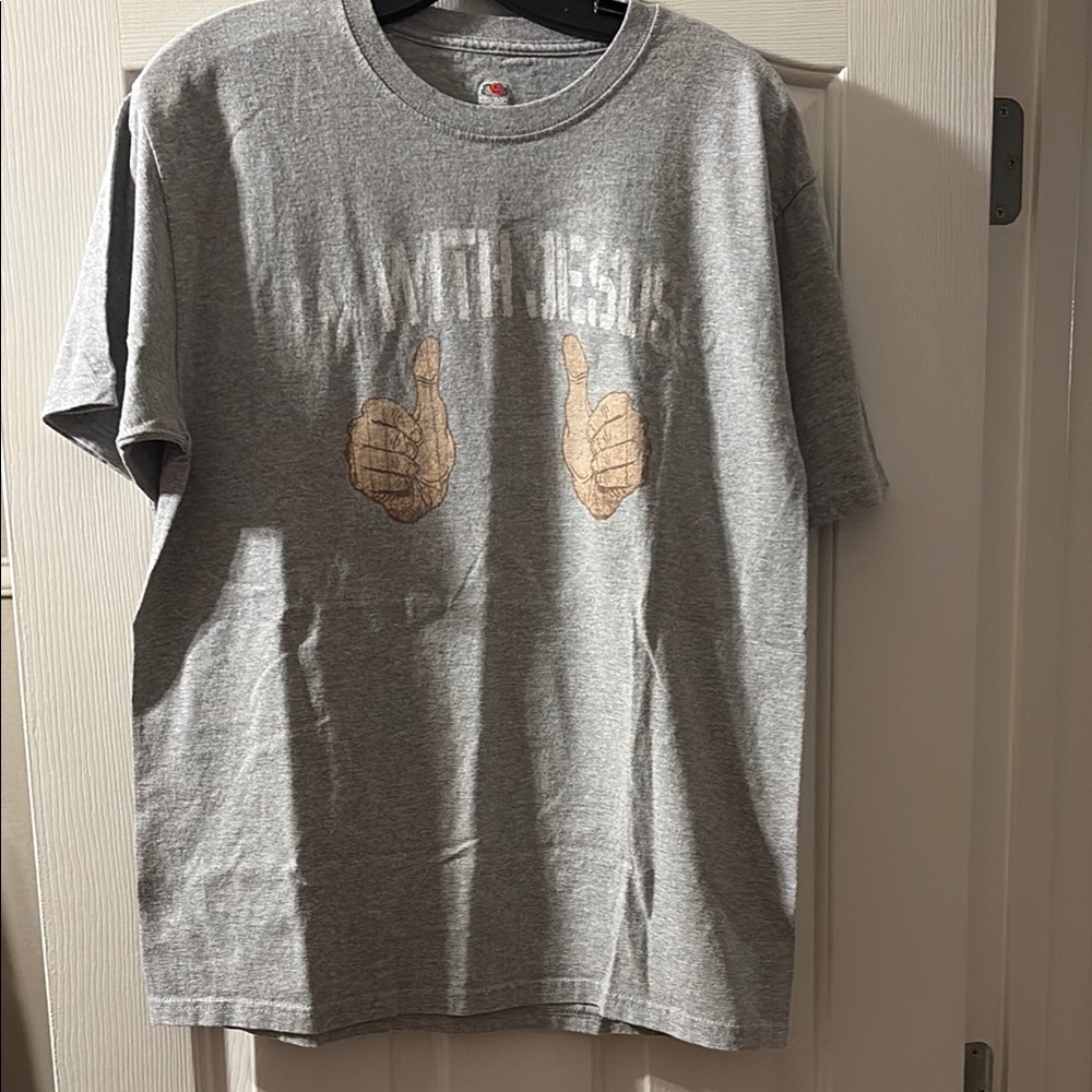 Woman’s gray “I’m With Jesus!” T-shirt size L